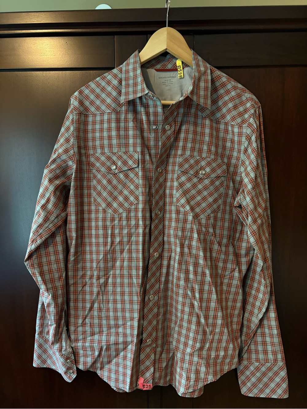 Banana Republic Red and Gray Plaid Western Button-Down Shirt
